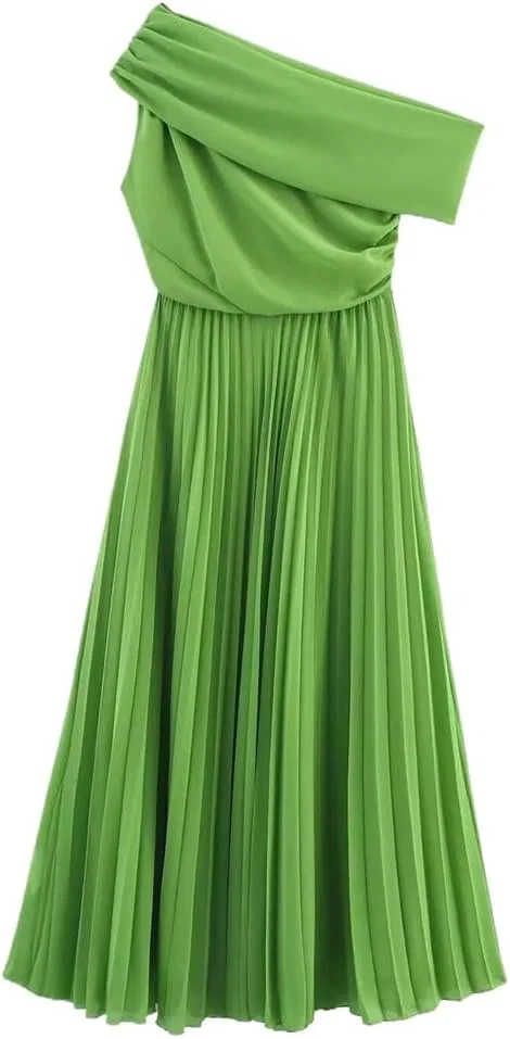 Женское асимметричное платье с одним плечом, плиссированная миди, Soft, Green