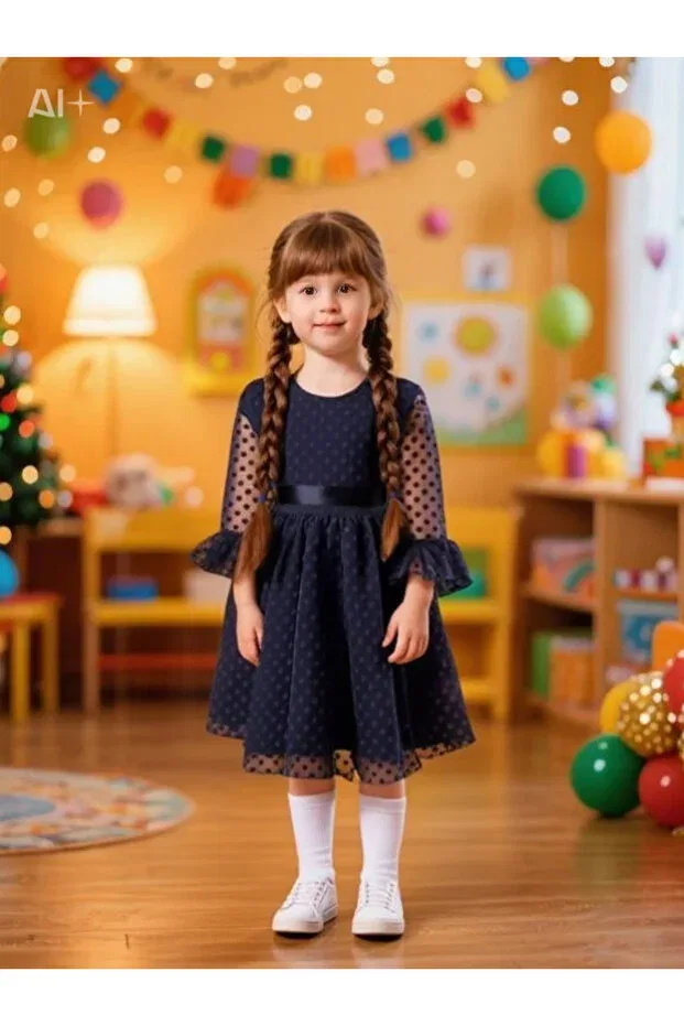 Детское платье для девочек с длинным рукавом Buckle polka dot tulle puffy dress Lunas Tekstil, Navy Blue — фото 3