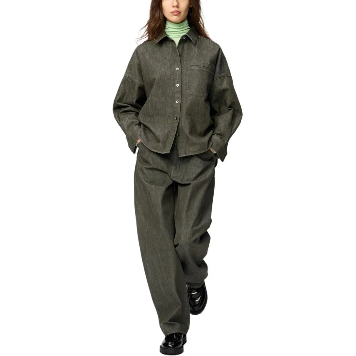 Женская джинсовая куртка с лацканами, Dark Olive, UNIQLO — фото 4