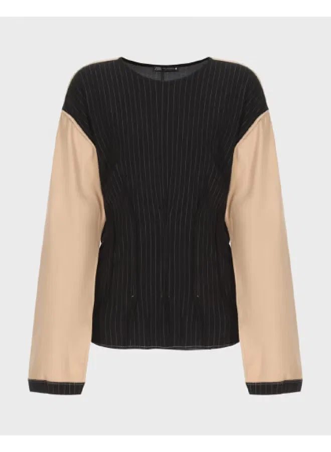 Блузка с цветными полосами и разрезными рукавами Zara, черный/верблюжий