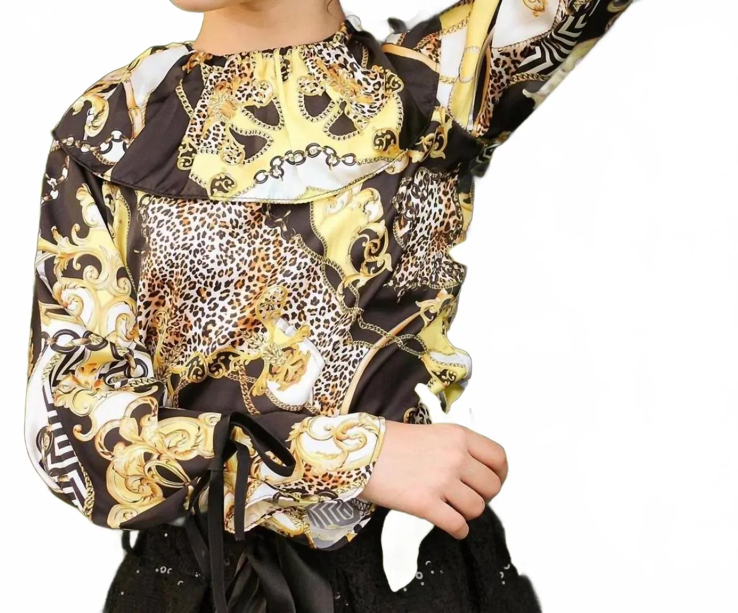 Детская блузка с длинным рукавом и рюшами Baroque Silk Mademoiselle Charlotte, Yellow Brown Black — фото 2