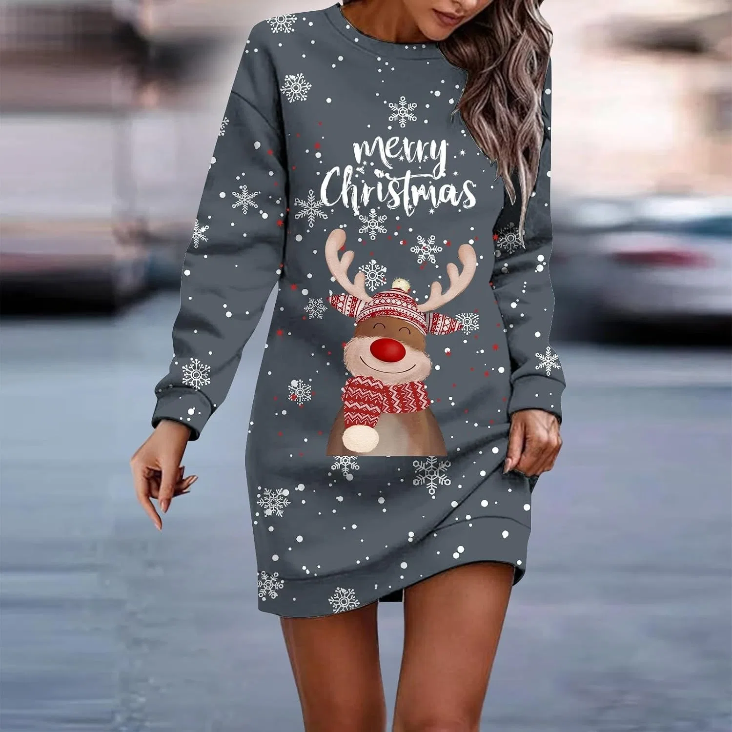 Женский свитшот-платье с принтом Elk Christmas, серый — фото 2