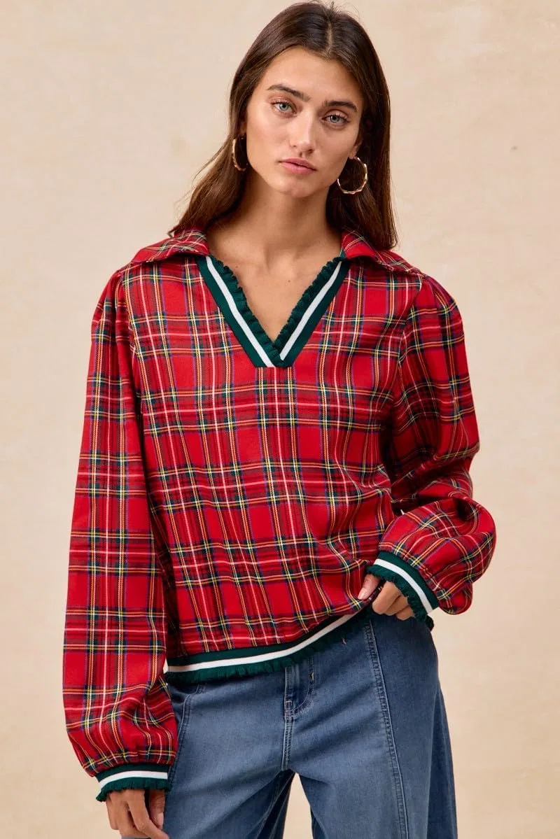 Женская рубашка с рюшами, Christmas Plaid, красный — фото 4