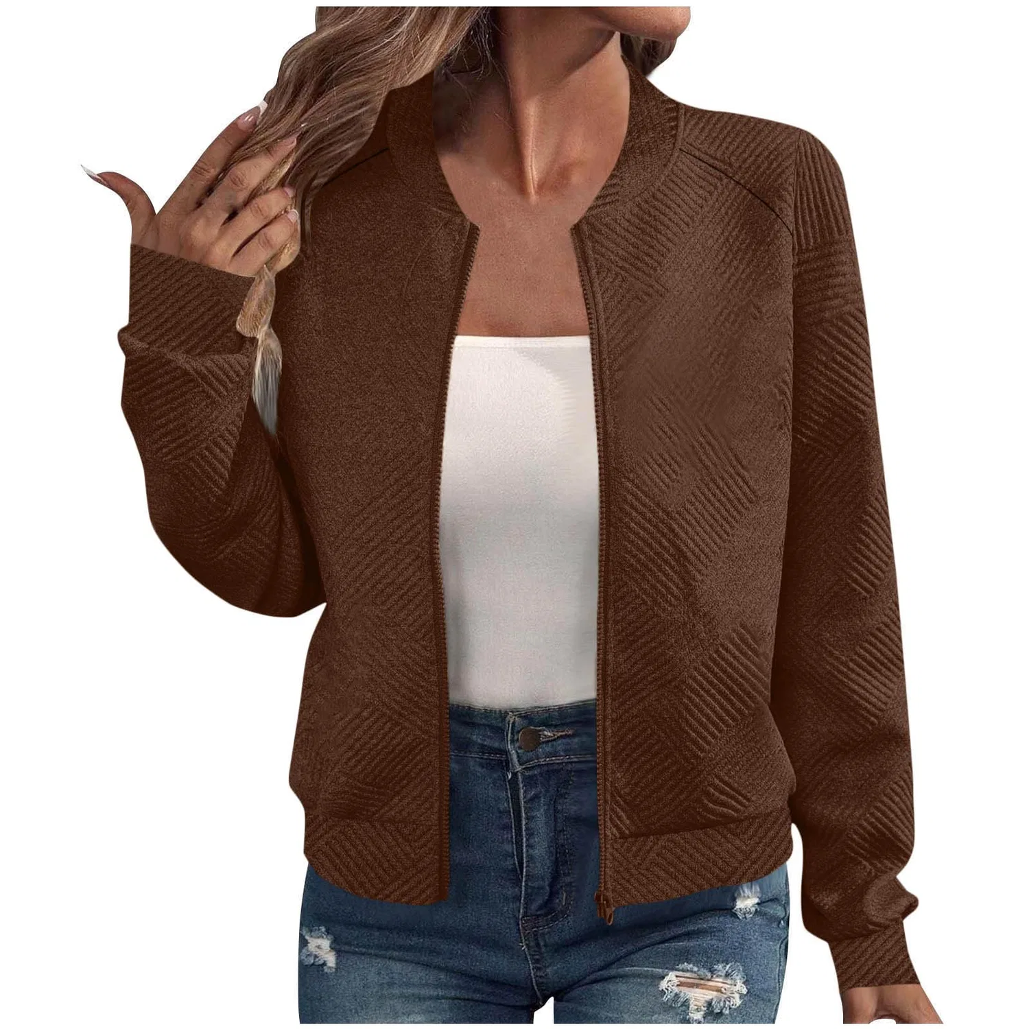 Женская куртка-бомбер с длинным рукавом, модель Bomber Giacca Donna Casual Leggero Manica Lunga Giacche da Volo Collare a Fascia Primavera Autunno Texture Full Zip Giacca a Vento Jacquard Regolare Elegante Cardigan Alla Moda Capispalla, 01 marro...