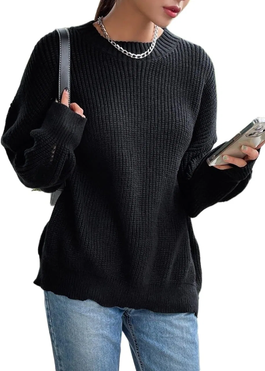 Женский свитер оверсайз с длинным рукавом, Rib-Knit, чёрный