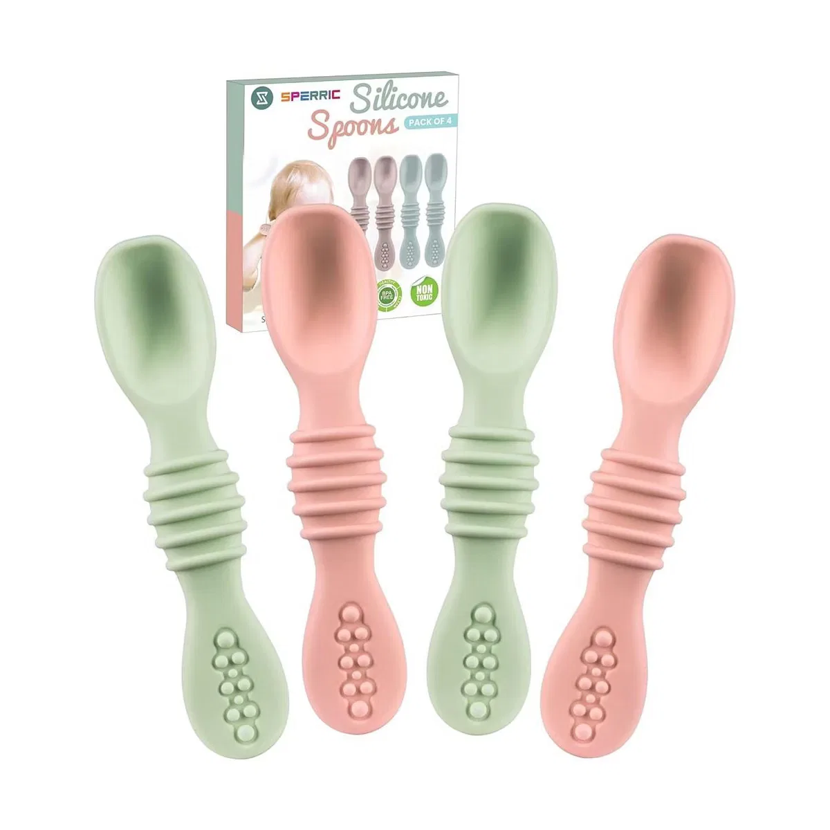 Ложки детские силиконовые для прикорма, набор 4 шт Sperric, Rose Quartz/Lite Green