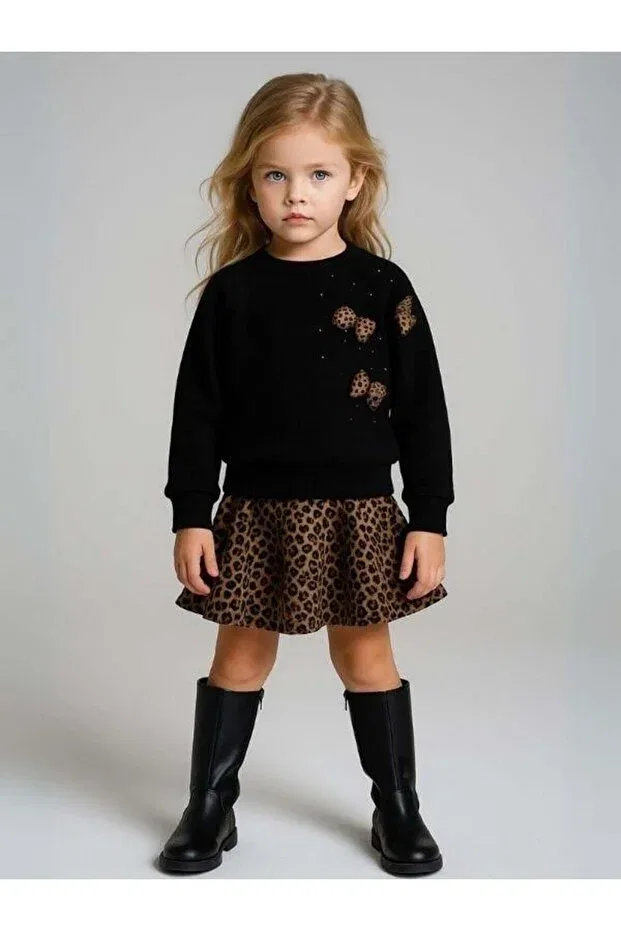 Детские свитшот для девочек с принтом Girl'S Leopard Bow Detailed Zekids, Black