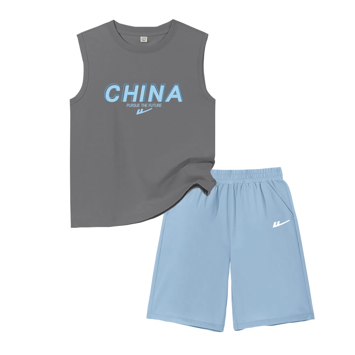 Детский спортивный комплект с принтом, Casual Sportswear, WARRIOR, Iron Gray/H Blue Letter-Gray Blue/H White Logo K