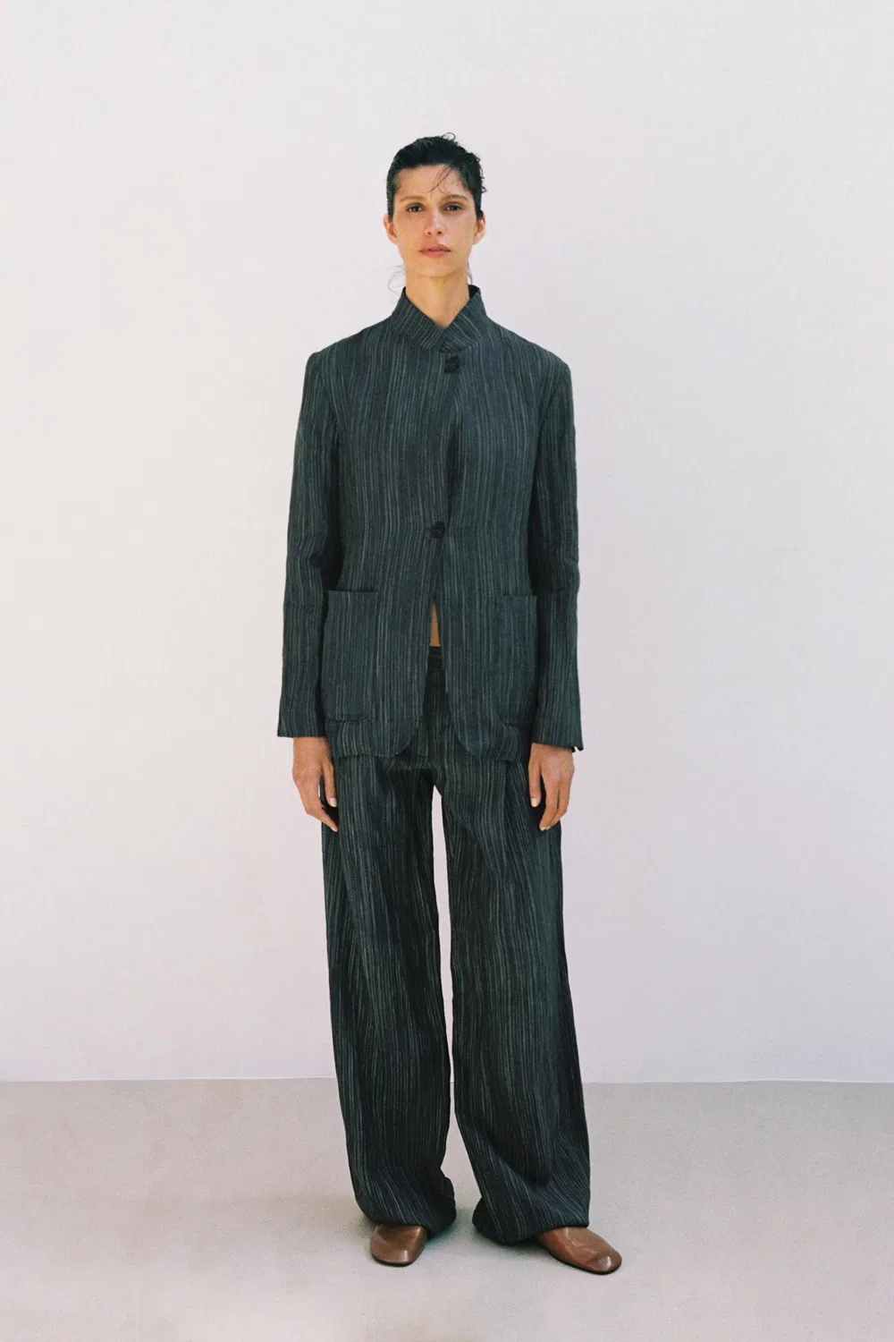 Льняные брюки в полоску из коллекции ZW ZARA, Blue grey