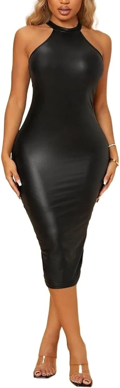 Женское миди платье из кожзама Bodycon, Black