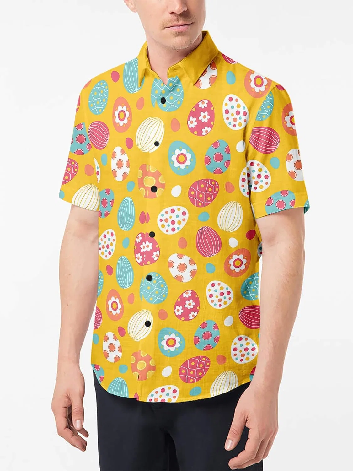 Мужская рубашка с коротким рукавом, с принтом, Easter Button Down Shirts, ярко-жёлтый — фото 4
