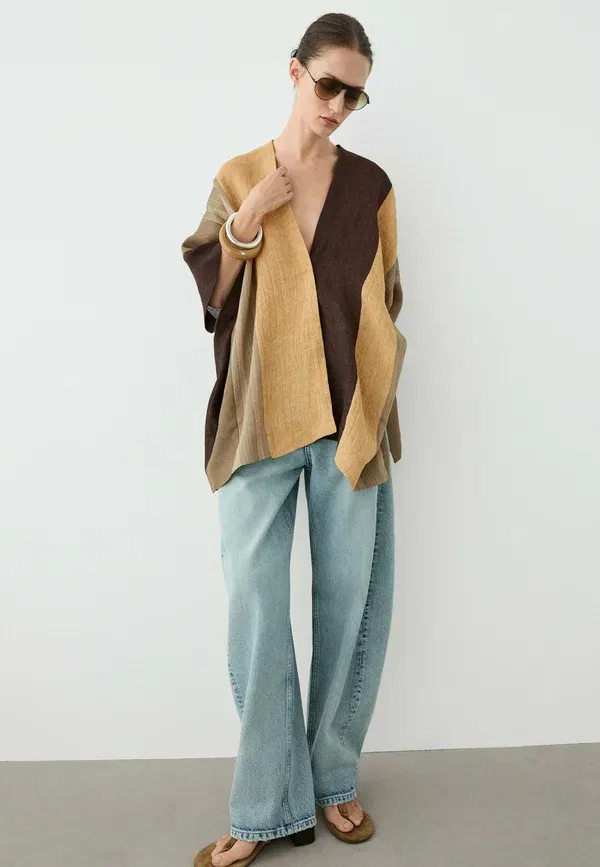 Пальто из льна и вискозы Cape Massimo Dutti, khaki, хаки