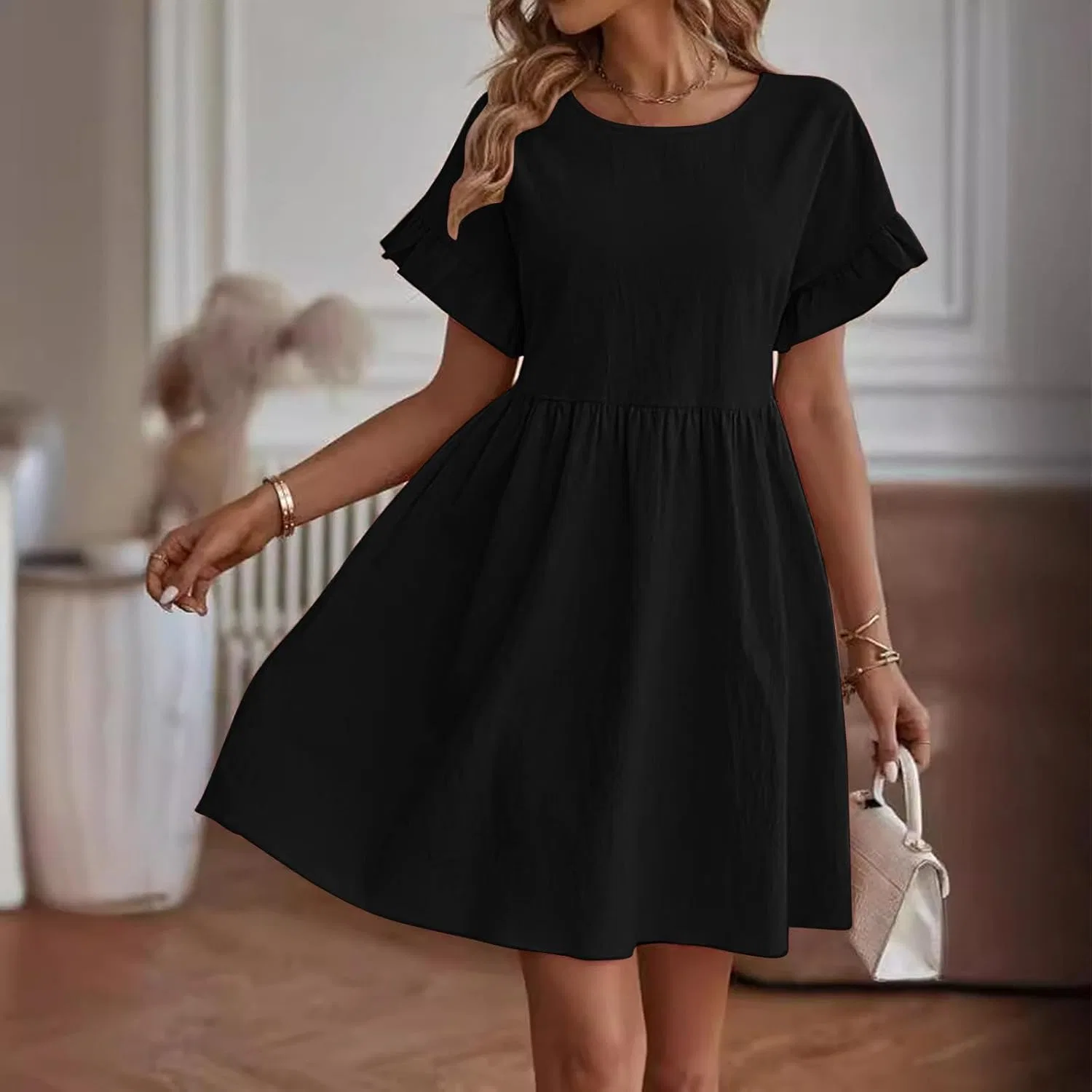 Женское летнее платье из хлопка и льна A-силуэта, Black — фото 2