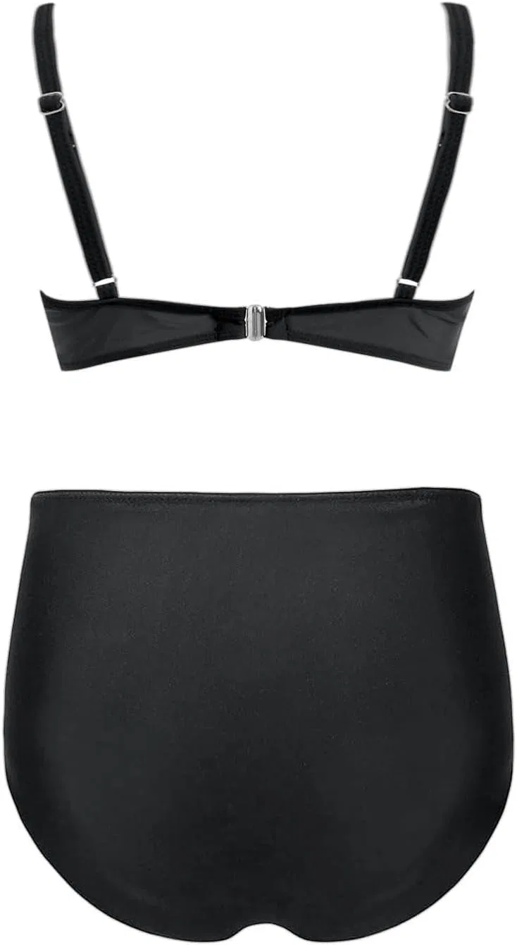 Танкини с высокой талией и поддержкой, Solid Color High Waist Bikini Set, Black — фото 3