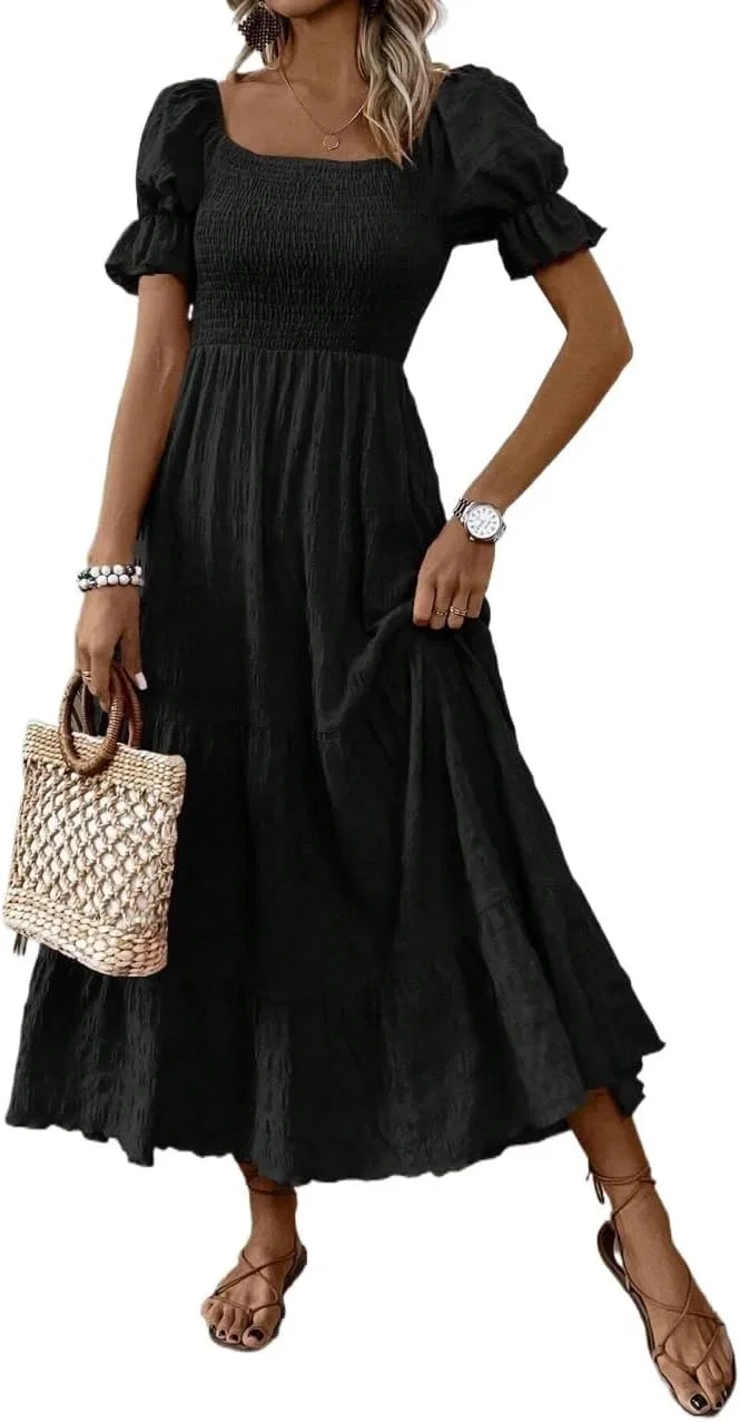 Женское летнее платье макси с пышными рукавами A-line, Black