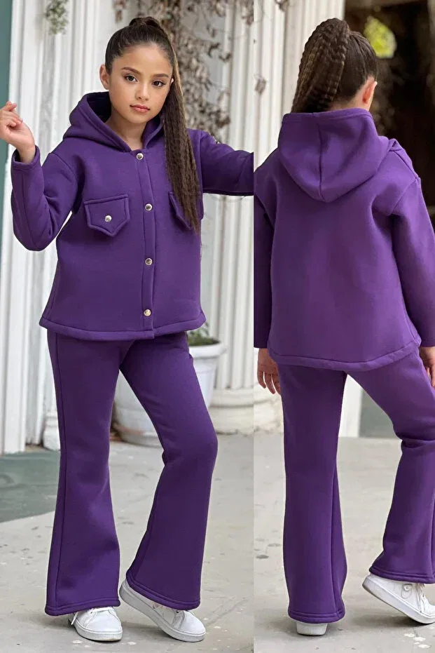 Детский спортивный костюм для девочек с широкими штанинами 3 thread raised winter wide leg bottom top girl's tracksuit set with fleece inside Elafor, Dark Purple