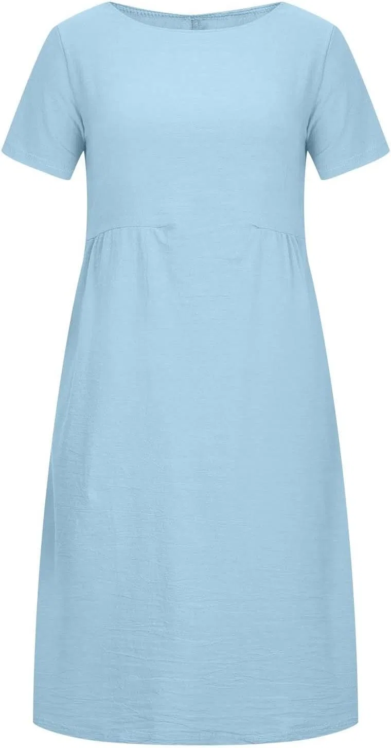 Женское летнее платье миди из льна и хлопка с коротким рукавом, Light Blue — фото 4