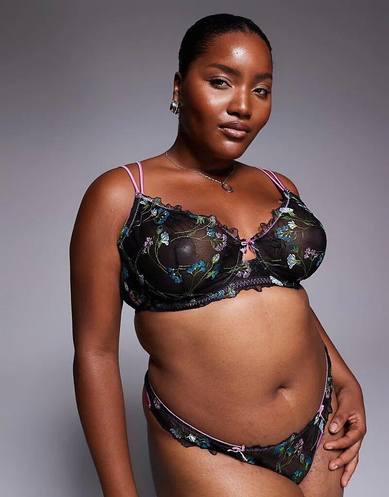 

Бюстгальтер Curve Jamie с цветочной вышивкой на косточках и атласной окантовкой в ​​черном и розовом цветах от ASOS DESIGN