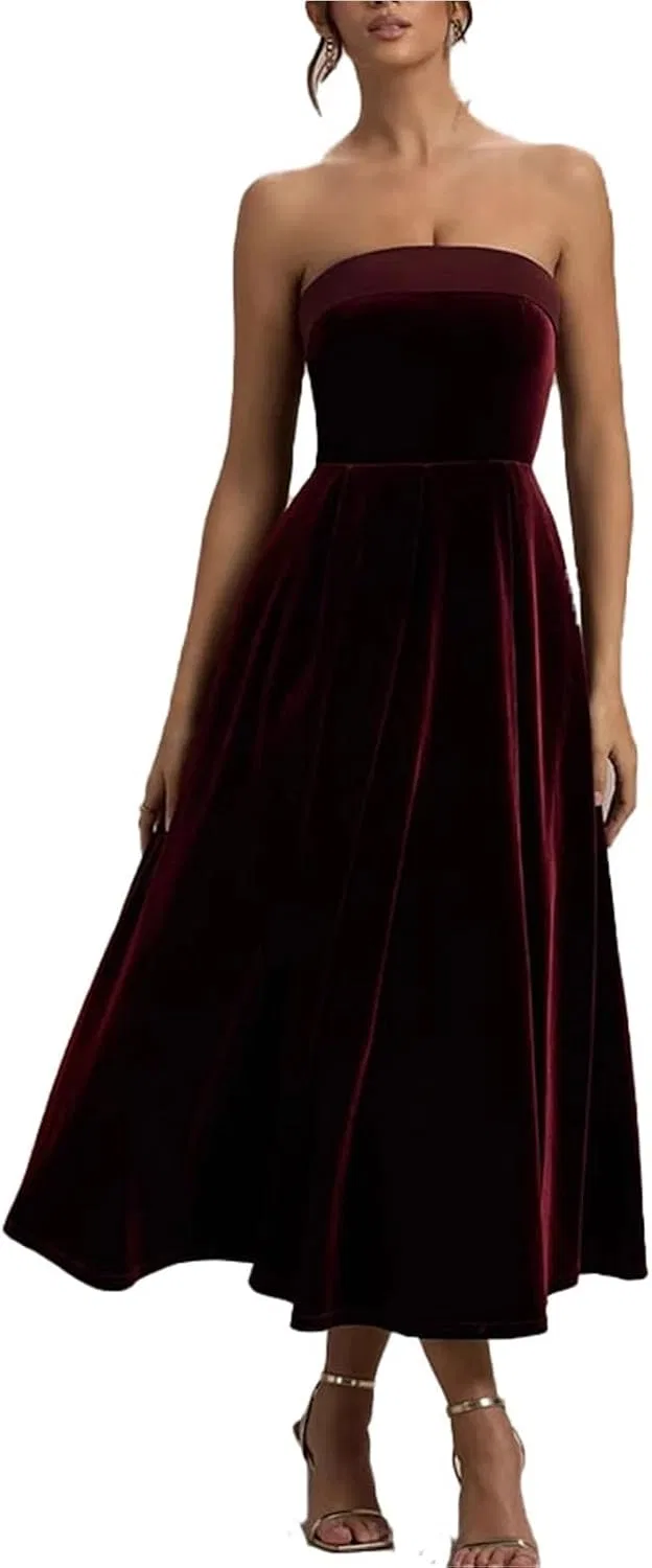 Женское элегантное мини-платье без бретелек с завышенной талией, Wine Red