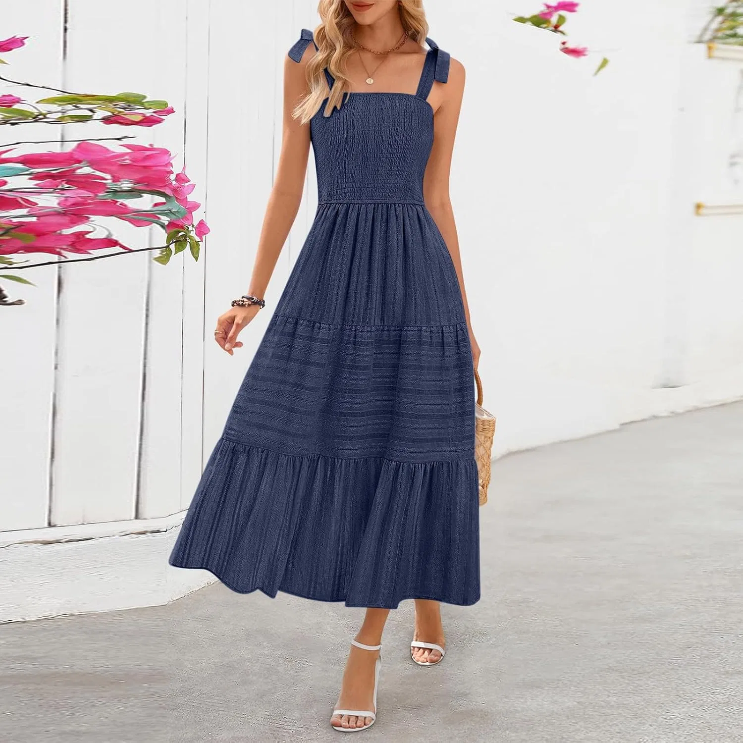 Женское летнее макси-платье с квадратным вырезом A-line, Navy — фото 3