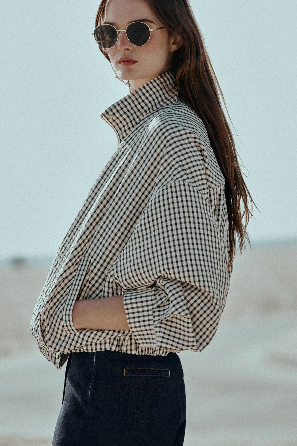 КЛЕТЧАТАЯ КУРТКА-БОМБЕР ZARA, Black/Ecru — фото 4