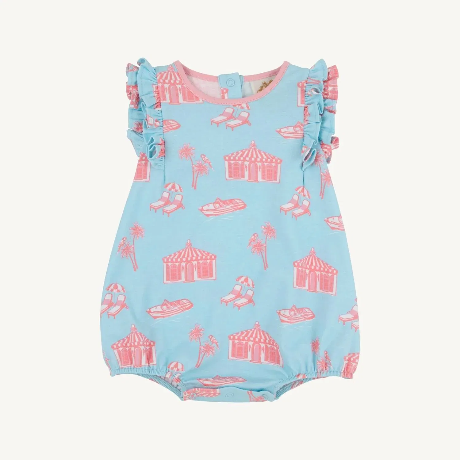 Детский боди-комбинезон для девочек с оборками Ruehling Ruffle Bubble The Beaufort Bonnet Company, Parot Cay Canopy/Sandpearl Pink — фото 2