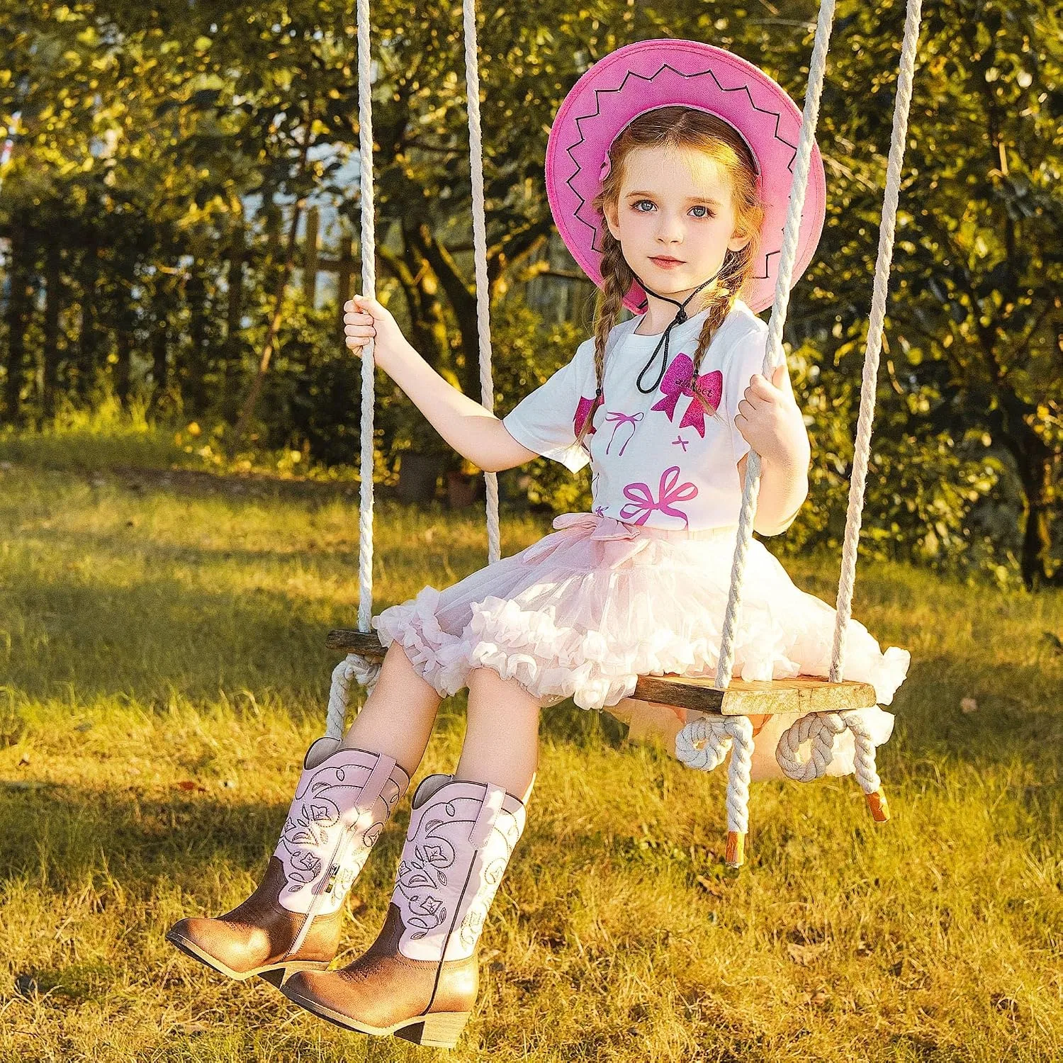 Детские сапоги для девочек с вышивкой Cowgirl Boots LAURMOSA, Pink Brown — фото 3