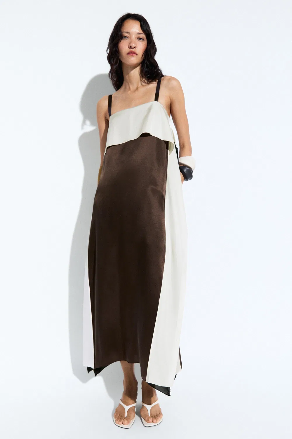 Платье Massimo Dutti, миди, с цветовыми блоками, коричневый