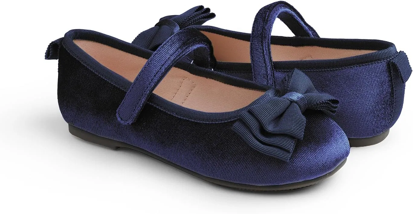 Детские балетки для девочек с бантом FEVERSOLE, Navy Velvet Tri-Bow Maryjane — фото 4