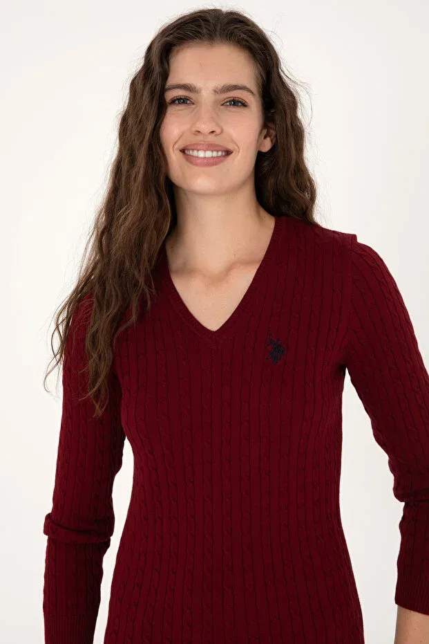 Женский свитер с V-образным вырезом с длинным рукавом U.S. Polo Assn., Burgundy — фото 2