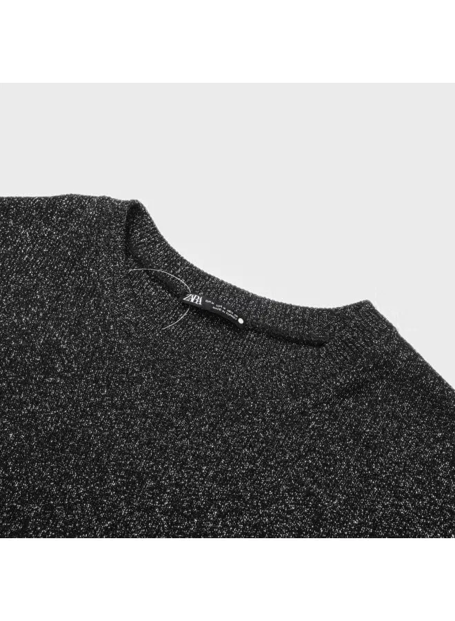 Топ трикотажный с коротким рукавом с серебристыми нитями Zara, черный — фото 4