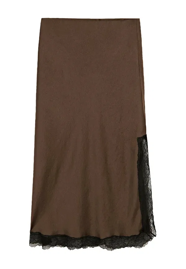 Юбка кружевная Lace-trimmed midi skirt Massimo Dutti, темно-коричневый — фото 3
