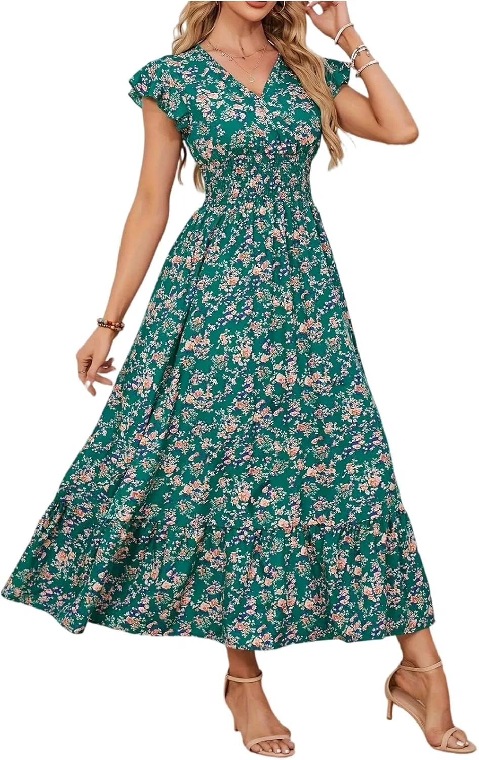 Женское платье макси с цветочным принтом Tea Length Cap Sleeve, Green — фото 2