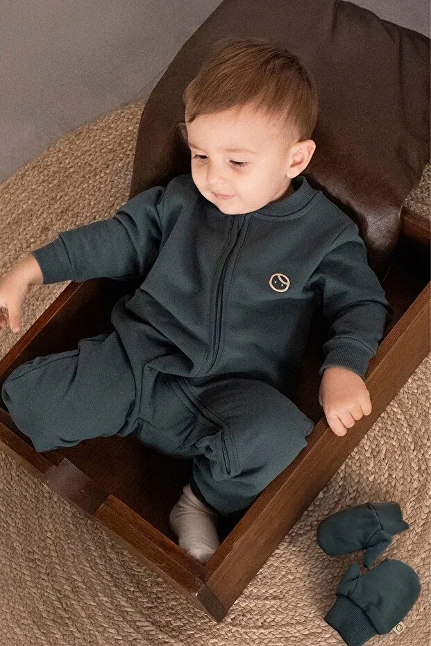 Детский комбинезон с длинным рукавом Organic cotton furry inside green zippered baby romper Little Gusto, Green