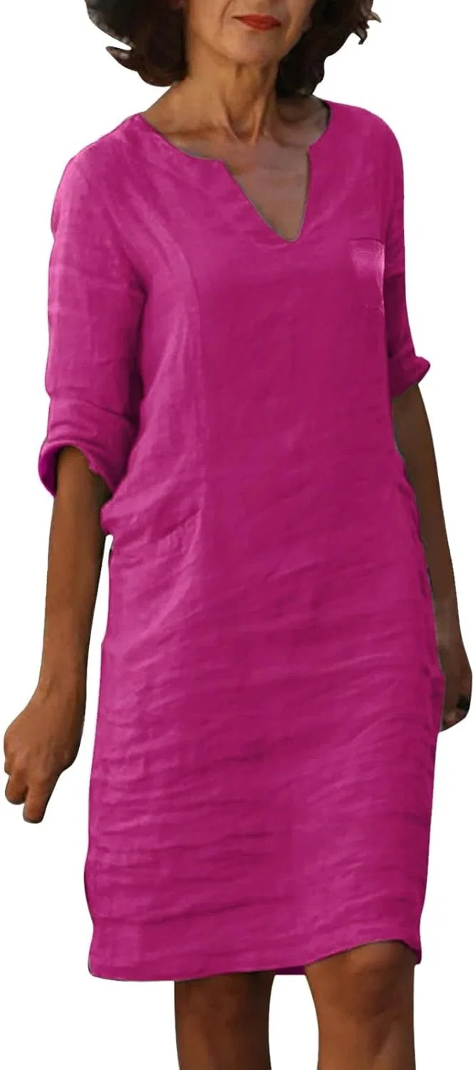 Женское мини-платье с V-образным вырезом и коротким рукавом из льна, Hot Pink