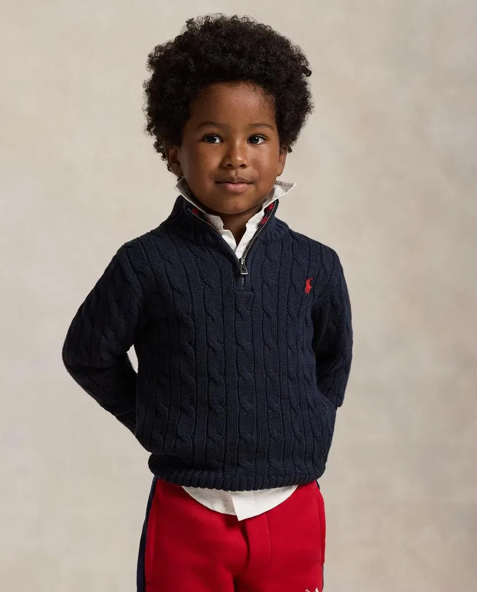 Детский джемпер с косами и полузастежкой-молнией Polo Ralph Lauren, Azul Marino — фото 2