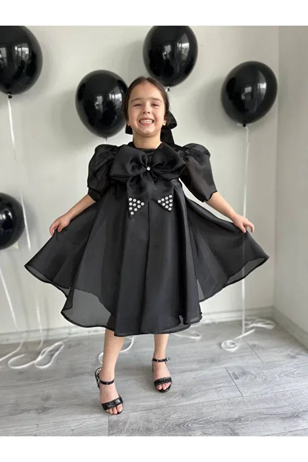 Детское платье для девочек с длинным рукавом Black full flared flight flight karolin evening dress girl's dress Sare Çocuk Giyim, Black — фото 4