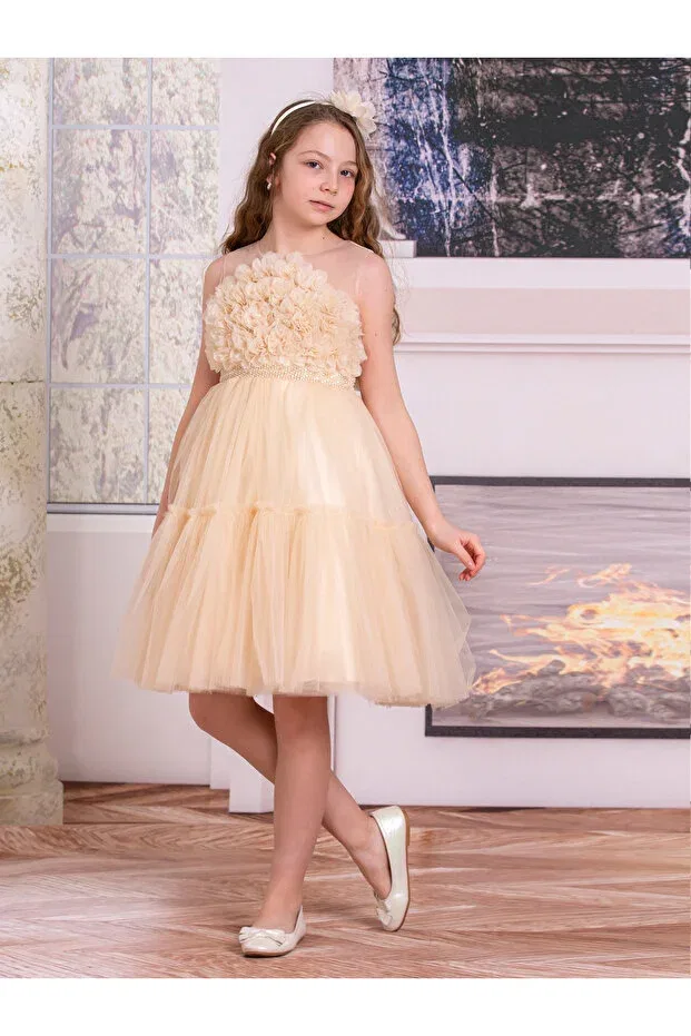 Детское платье из фатина с воланами Süslü Pink Kids, Cappucino
