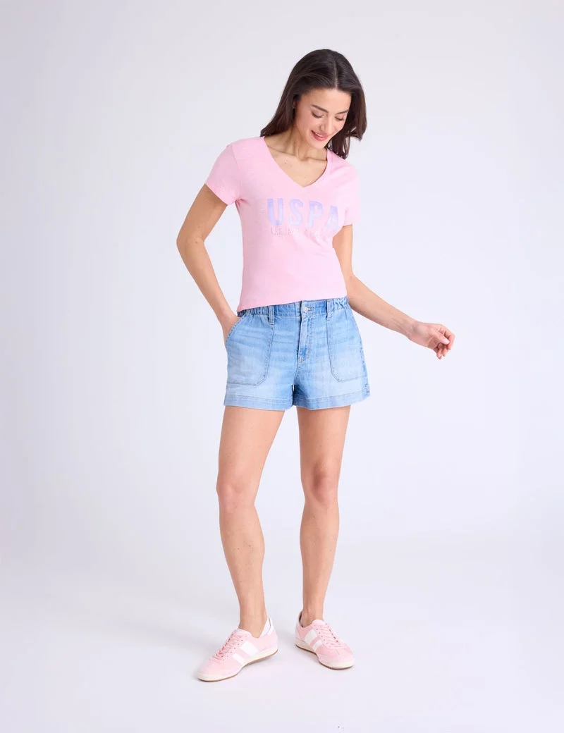 Женская футболка U.S. Polo Assn. Ombre Stone Rhinestone V-Neck, светло-розовый — фото 3