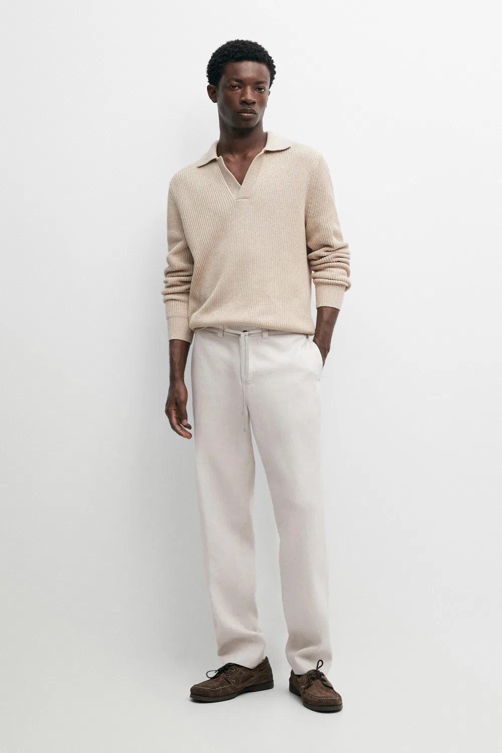 Брюки из 100% льна с эластичным поясом Massimo Dutti, светло-бежевый