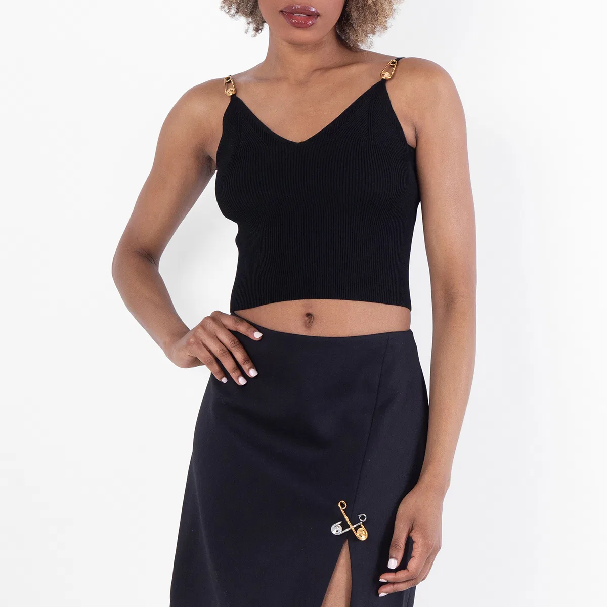 Топ без рукавов Safety Pin Ribbed-Knit Crop Top Versace, Black