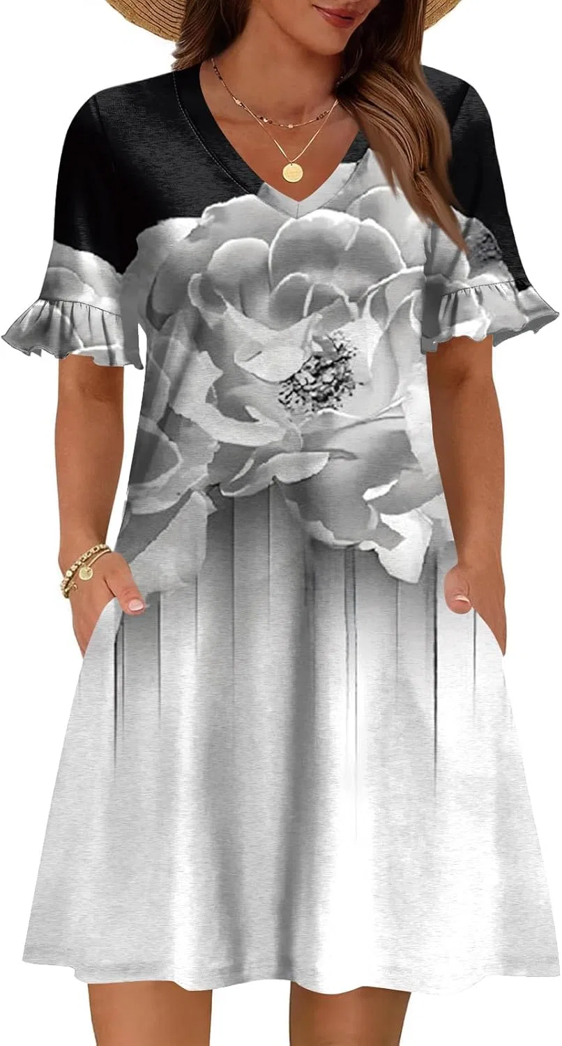 Женское летнее платье с цветочным принтом A-line, Light Gray