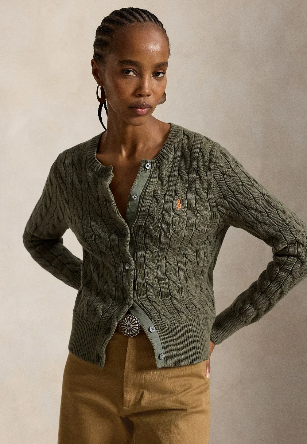 Хлопковый кардиган с круглым вырезом и косами - кардиган Polo Ralph Lauren, Dense Olive