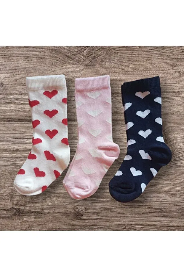Детские гольфы для девочек с принтом Heart Patterned Panowill Design, Pembe-Ekru-Lacivert — фото 3