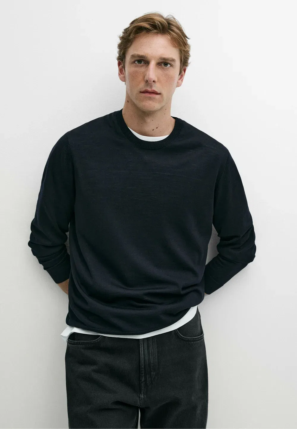 Вязаный свитер с круглым вырезом из 100% мериносовой шерсти Massimo Dutti, Dark Blue