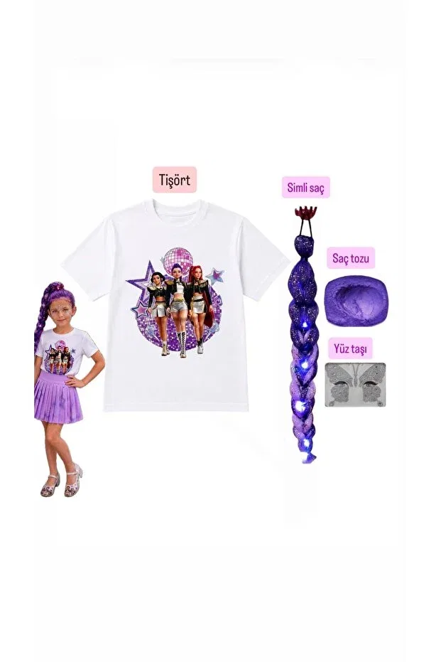 Детская футболка с принтом для девочек Kpop Printed Huntrix Demon Slayers Printed T-Shirt + Rumi Purple Glitter Hair + Face Stone + Hair Powder Set Bemora Kids, Multicolor