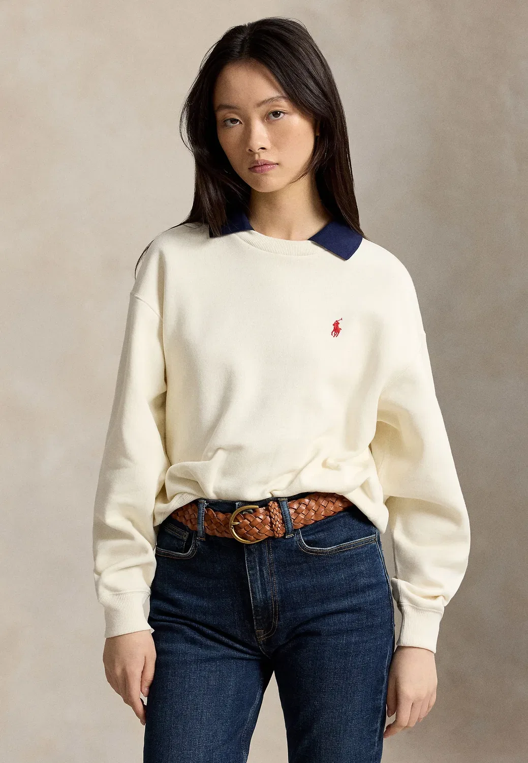 Футболка с длинными рукавами из флиса с воротником-поло и круглым вырезом Polo Ralph Lauren, Warm White