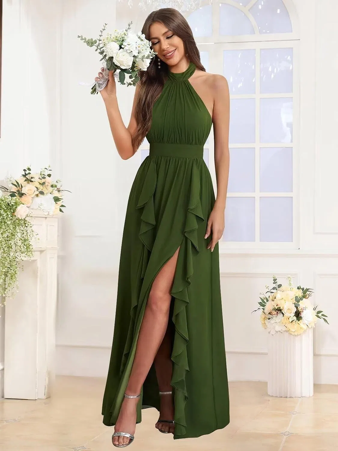 Женское длинное платье с разрезом из шифона A-line, Olive Green — фото 3