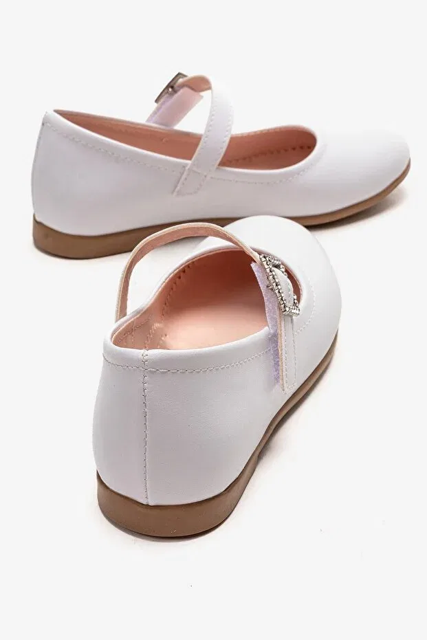 Детские балетки для девочек с кожаным верхом Beret with stones buckled children's ballet flats white skin Ccway Ayakkabi, White — фото 4