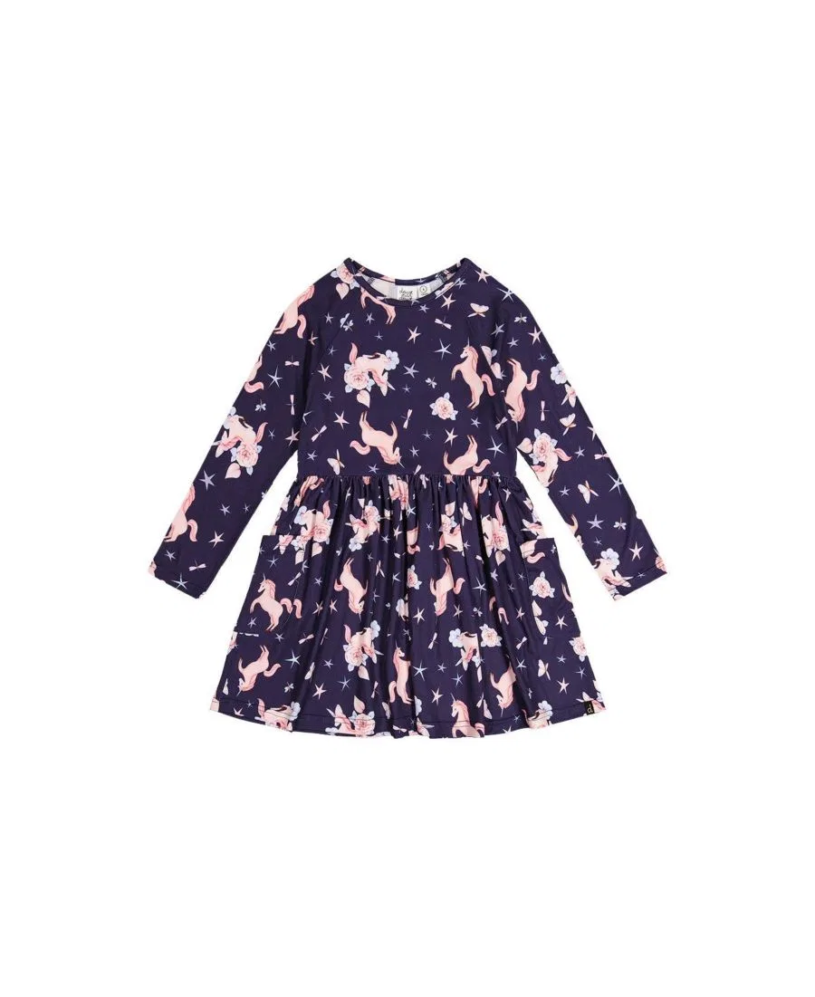 Платье с длинным рукавом с принтом Unicorn Deux par Deux, Navy Unicorn Print